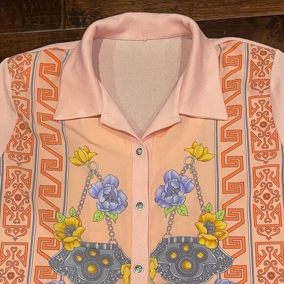Vintage 70’s 80’s Pink Long Sleeve Button Down Knit Collared Floral Asian Shirt - Picture 3 of 11